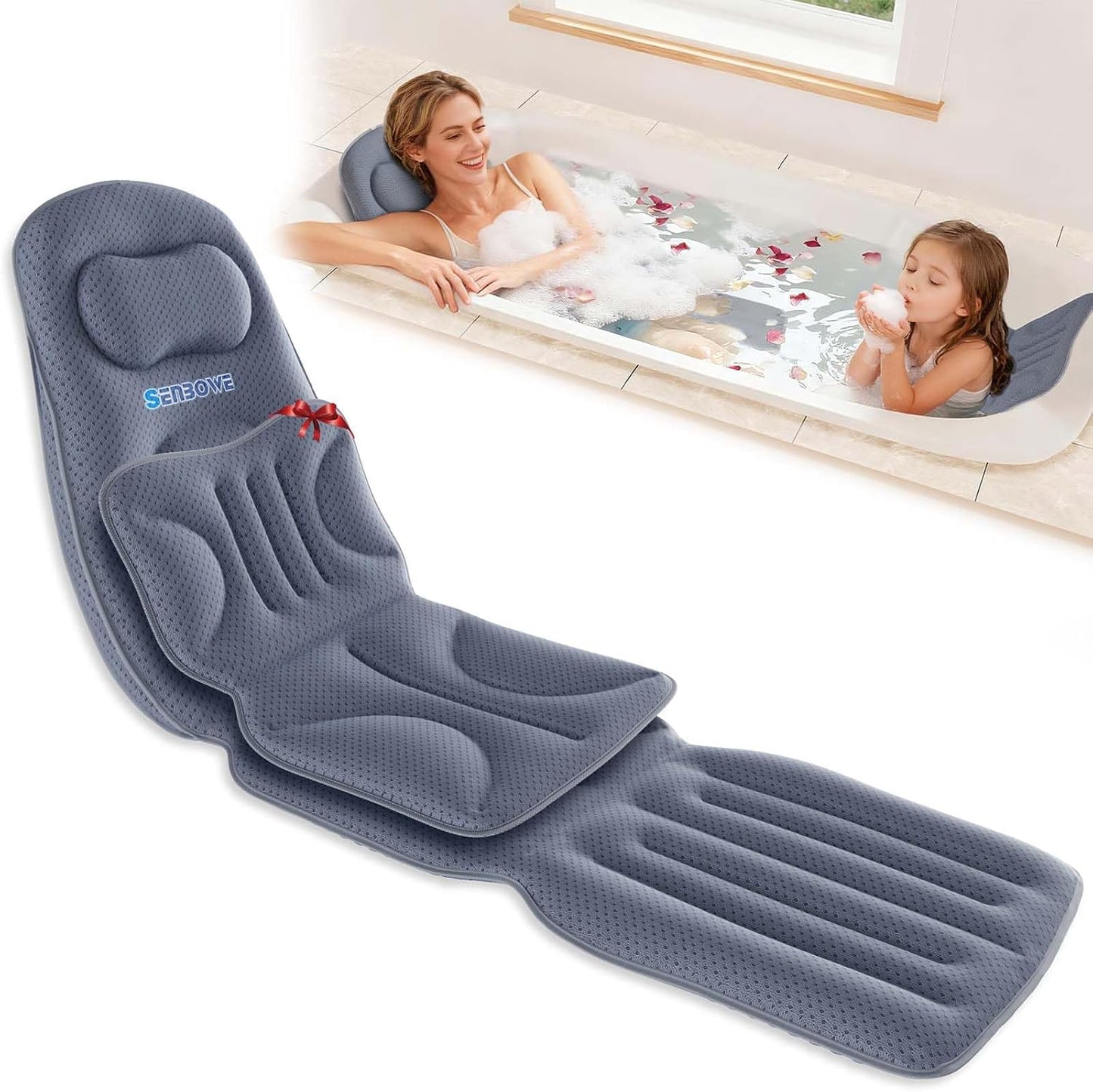 Luxury Full Body Bathtub Pillow 6D Air Mesh,Extra Long Bath Pillow for Tub Non Slip,Soft Relax Tub Pillow for Bath Head Neck Back Waist Support,Large Thick Spa Bathtub Cushion (Gray)