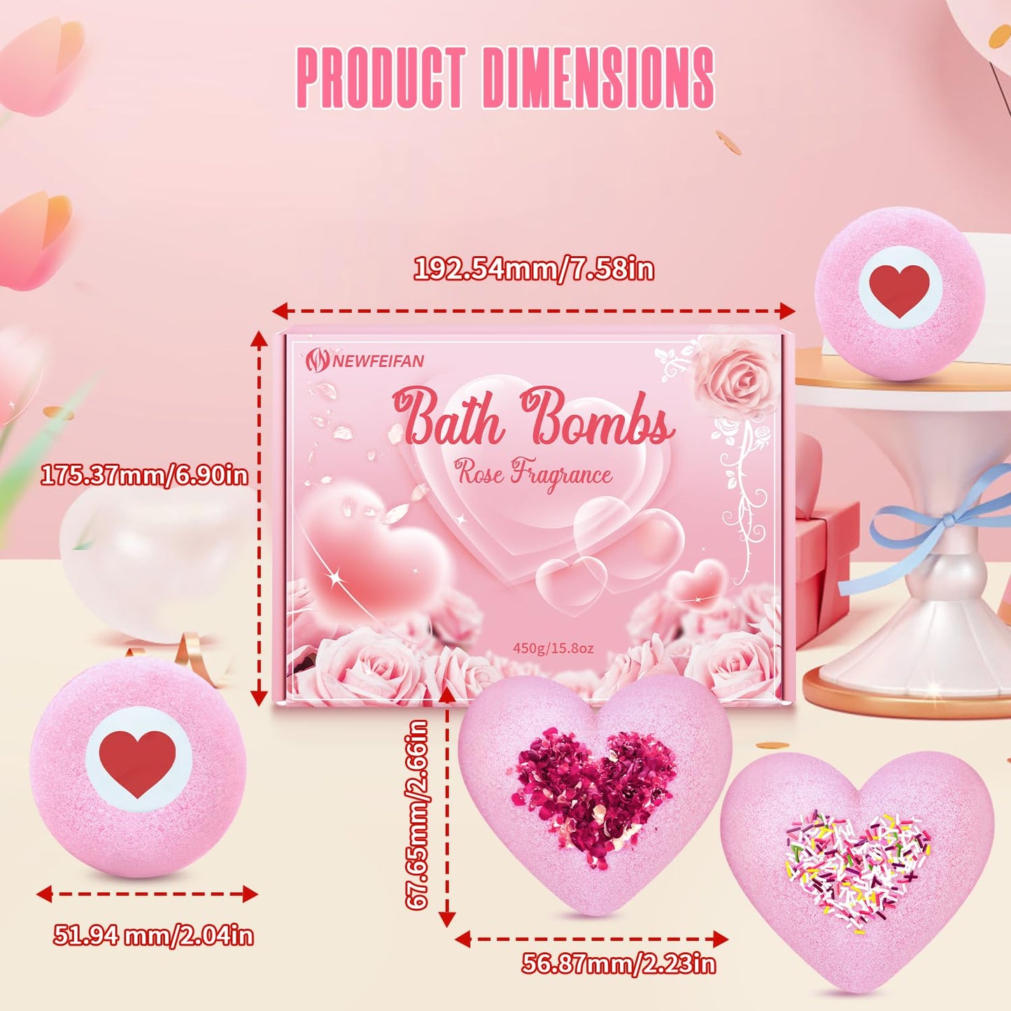 Rose Bath Bombs for Women XXL, Gifts for Mom, 4-Pack Handmade Natural & Organic Rose Essential Oil, Pink Teacher Appreciation Gifts for Wife Daughter Girlfriend Coworkers
