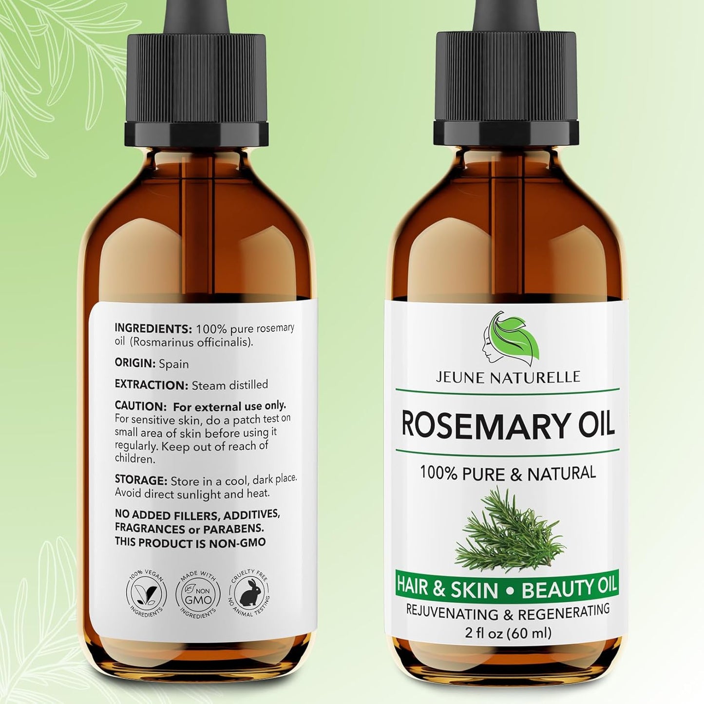 Jeune Naturelle Rosemary Oil for Hair Care, 100% Pure, Natural, Undiluted, Unrefined, Therapeutic Grade - Hair Growth Rosemary Oil, 2 oz