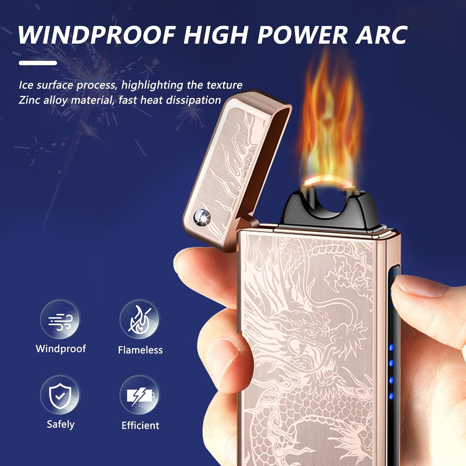 BABOBIU Dragon Lighter Unique Lighter Rechargeable Lighters Windproof Lighters Metal Body Battery Display Big Arc Flame Push Button Fast Charging for Candles Incense Gifts Husband (Golden Dragon)