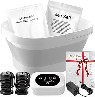 Ionic Foot Bath Detox Machine,Foot Detox Foot Bath Soak Tub with 2 Arrays,80 Disposable Foot Spa Liners, Sea Salt,Folding Foot Spa Bucket,Home Salon-Level Foot Soaking Tub
