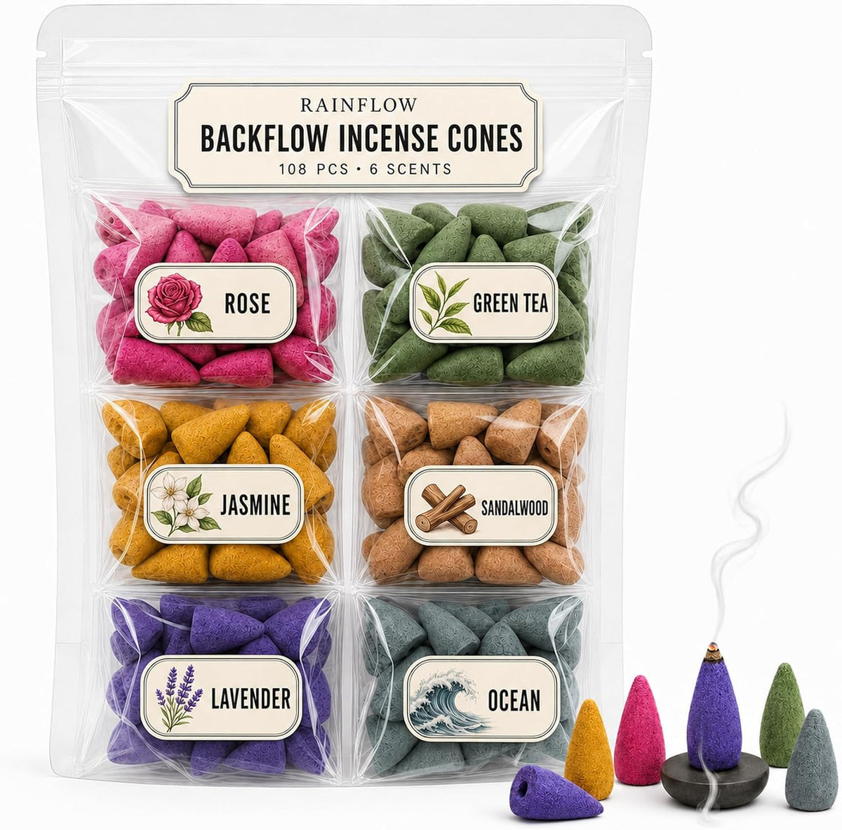 RAINLOW 108 PCS Backflow Incense Cones for Waterfall - Cone Incense Variety