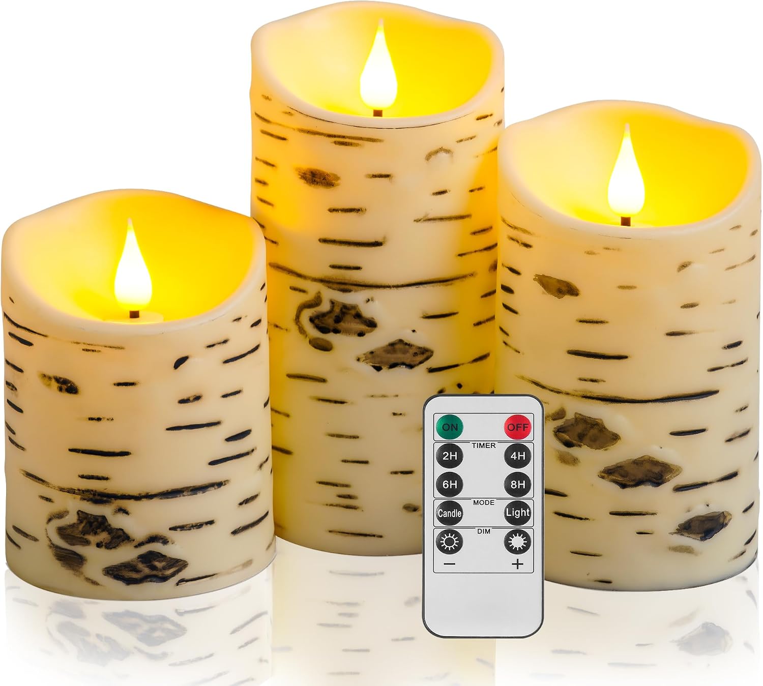 QQFCTOO Birch Bark Flameless Candles, Flickering Battery Operated LED Candles, Electric Plastic Pillar Candles with Remote & Timer, Rustic Farmhouse Home Decor, Wedding Centerpiece, Gift Set of 3