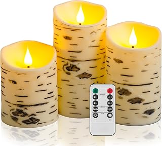 QQFCTOO Birch Bark Flameless Candles, Flickering Battery Operated LED Candles, Electric Plastic Pillar Candles with Remote & Timer, Rustic Farmhouse Home Decor, Wedding Centerpiece, Gift Set of 3