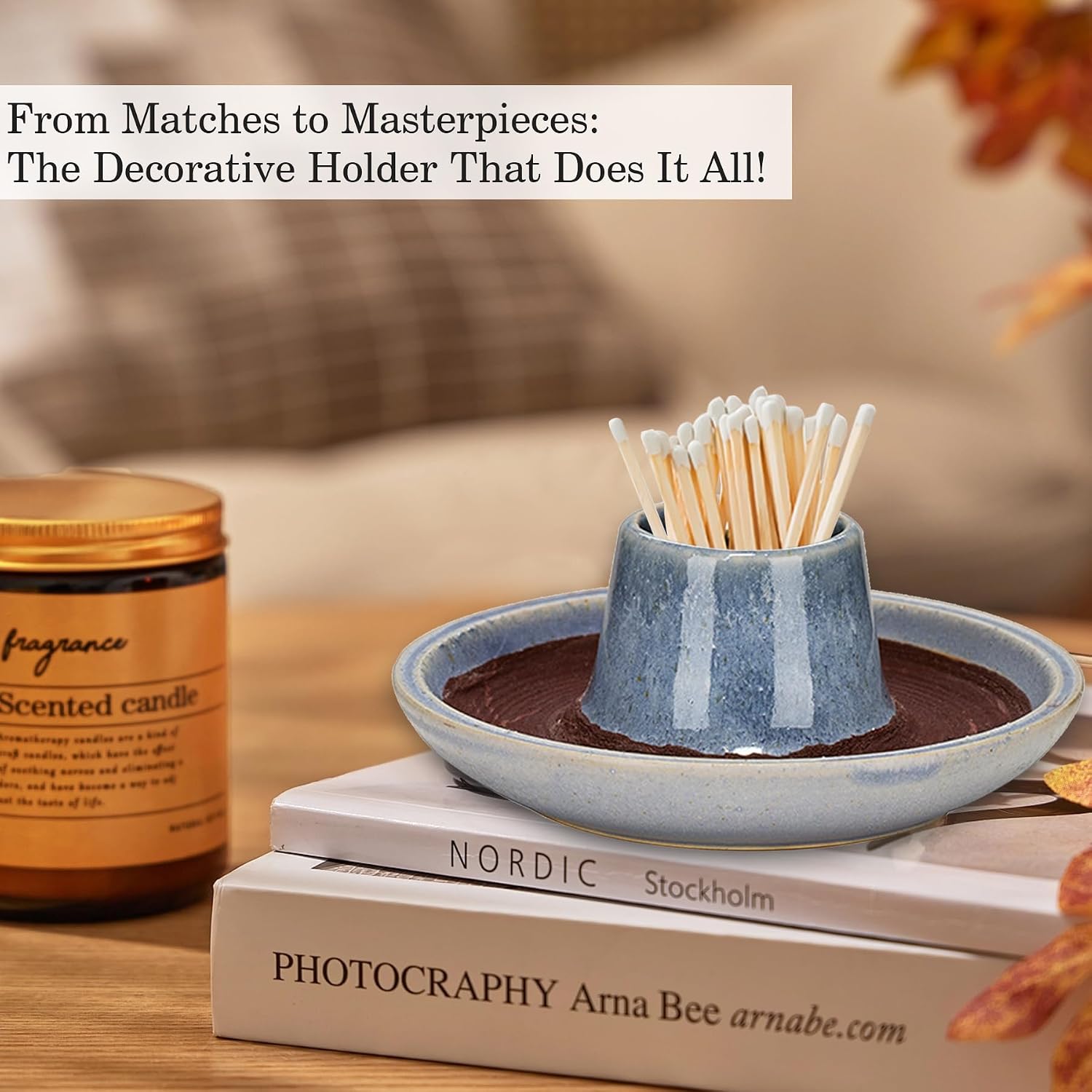SANDOO Handmade Ceramic Match Holder with Striker - Works with All Matches,Decorative Match Holder,Match Stick Holder,Candle Accessory,Aesthetic Home Decor for Fireplace,Matches not Included,4.7"x1.8"