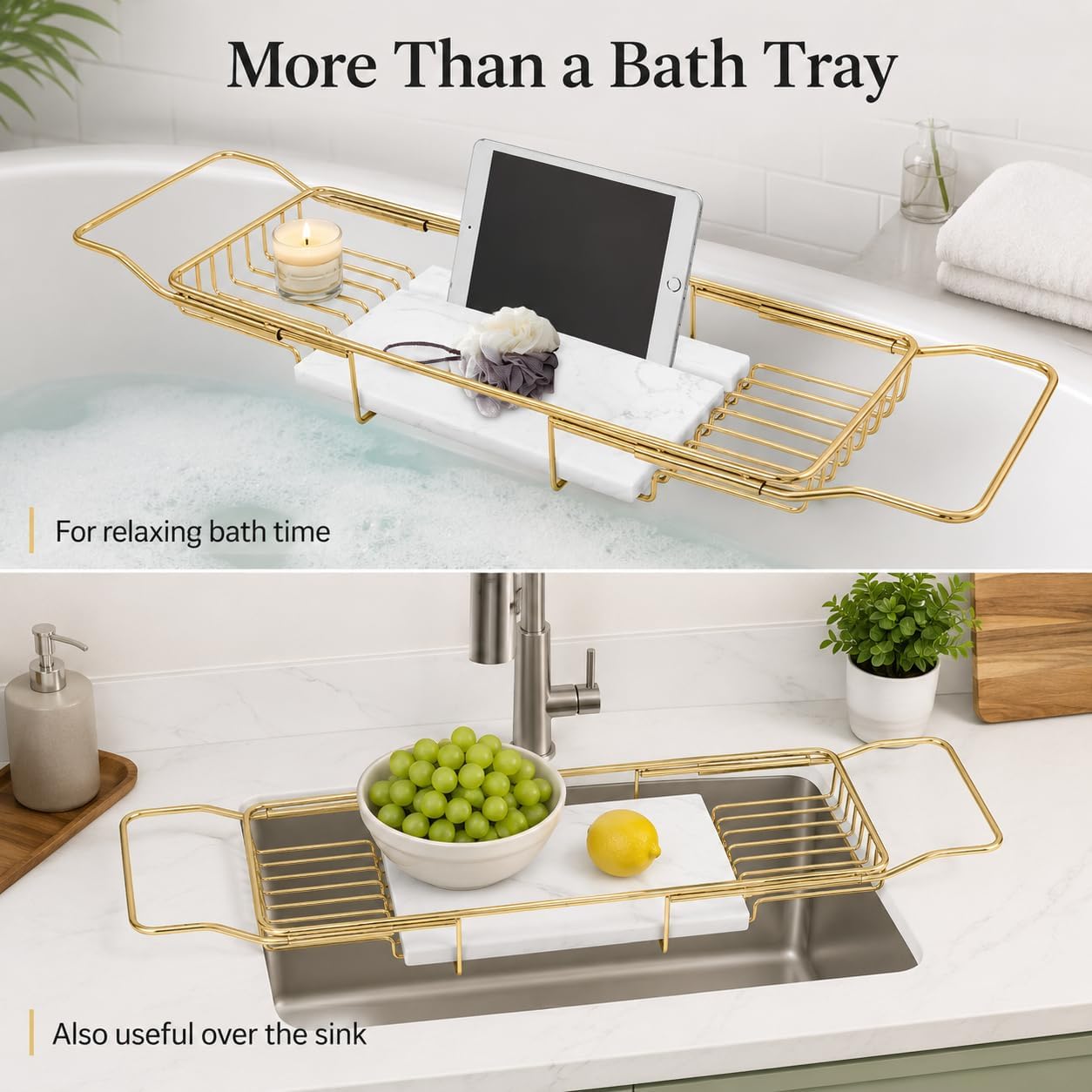 Expandable Bathtub Tray, Stainless Steel Bath Table Tray with Marble Board, Modern Luxury Bathtub Shelf for Bathrooms, Kitchen Sink (Gold + White)