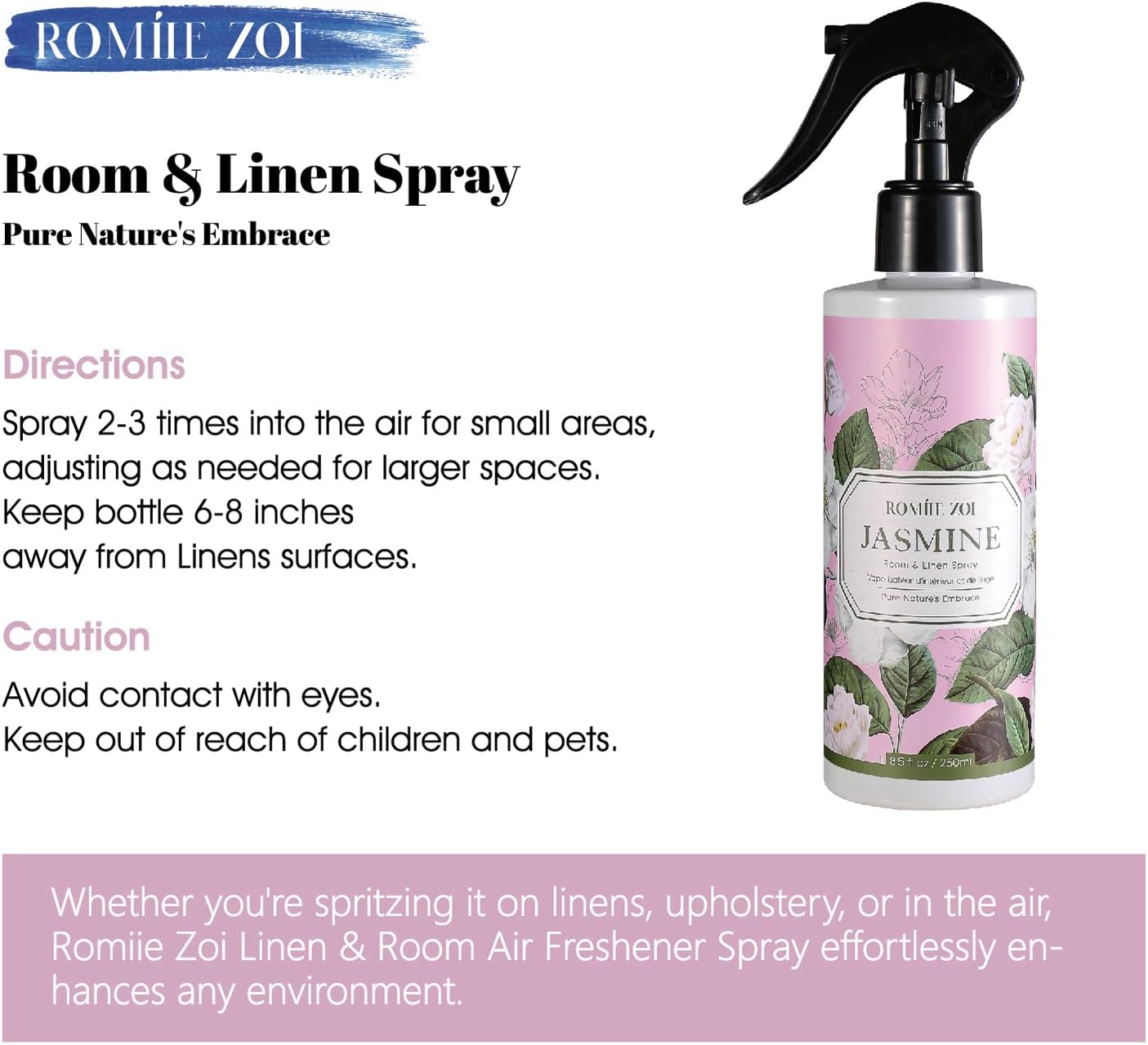 ROMIIE ZOI Room Spray Air Freshener, Fabric linen Spray air Freshener with Natural Plant Extract Scented Room Spray for Home Fragrance - Jasmine - 8.5 FL OZ