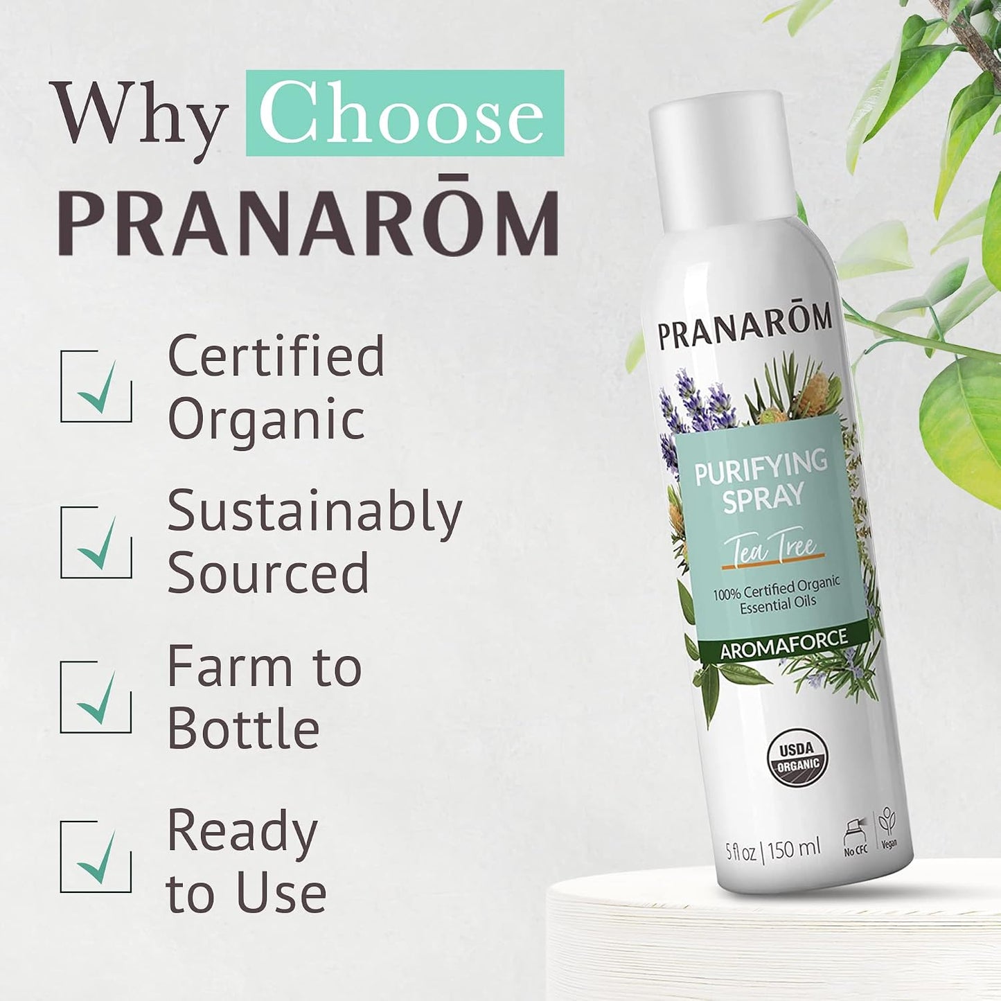 Pranarom - Aromaforce Purifying Spray, Aromatic Room Deodorizers for Home, Essential Oils Infused for Toxin Purification, All-Natural, Tea Tree, 150mL