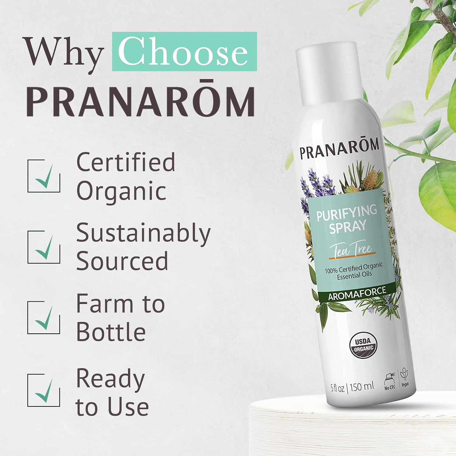 Pranarom - Aromaforce Purifying Spray, Aromatic Room Deodorizers for Home, Essential Oils Infused for Toxin Purification, All-Natural, Tea Tree, 150mL