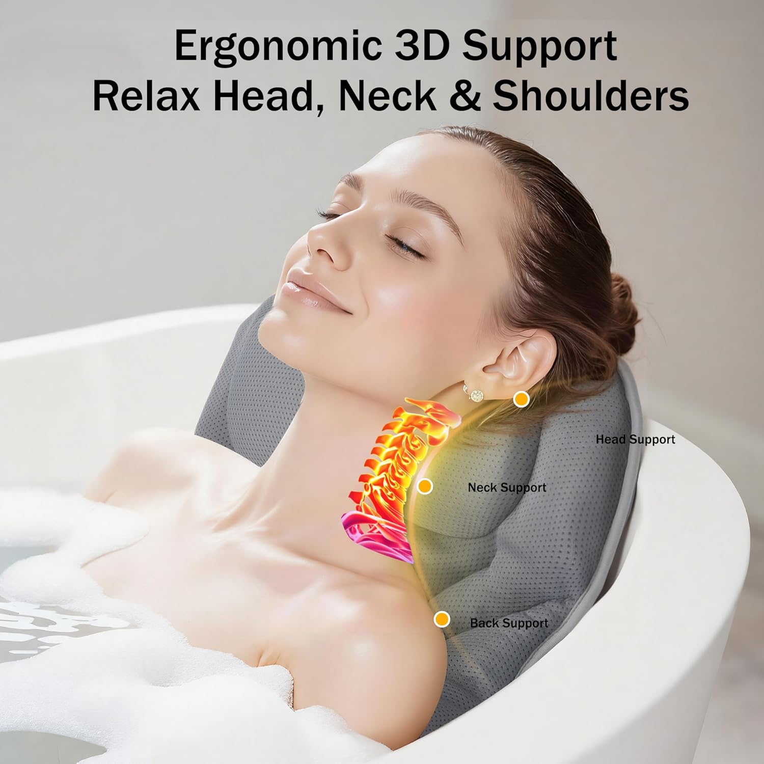 Bath Pillow PYRRHIC - Bathtub Pillow 5D Mesh with Neck & Back Support Non-Slip Suction Cups Fast Drying Soft Spa Pillow Relaxing Bath Accessories with Hook Laundry Bag Grey