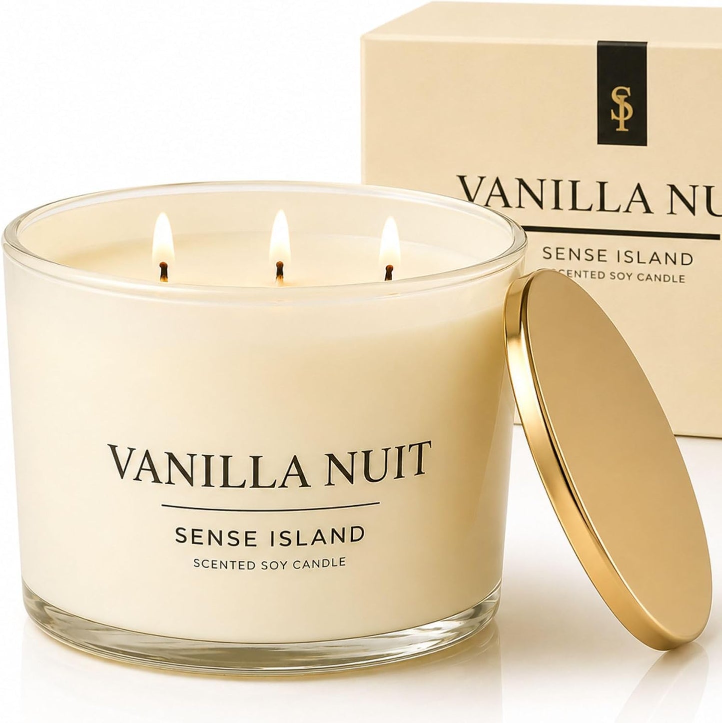 Vanilla Nuit 3 Wick Soy Candle – Large Creamy Vanilla Scented Candle for Home with Gold Lid & Beige Glass Vessal, Natural Soy Wax, Long Lasting Burn – Sensual Gourmand Fragrance, Luxury Gift for Women