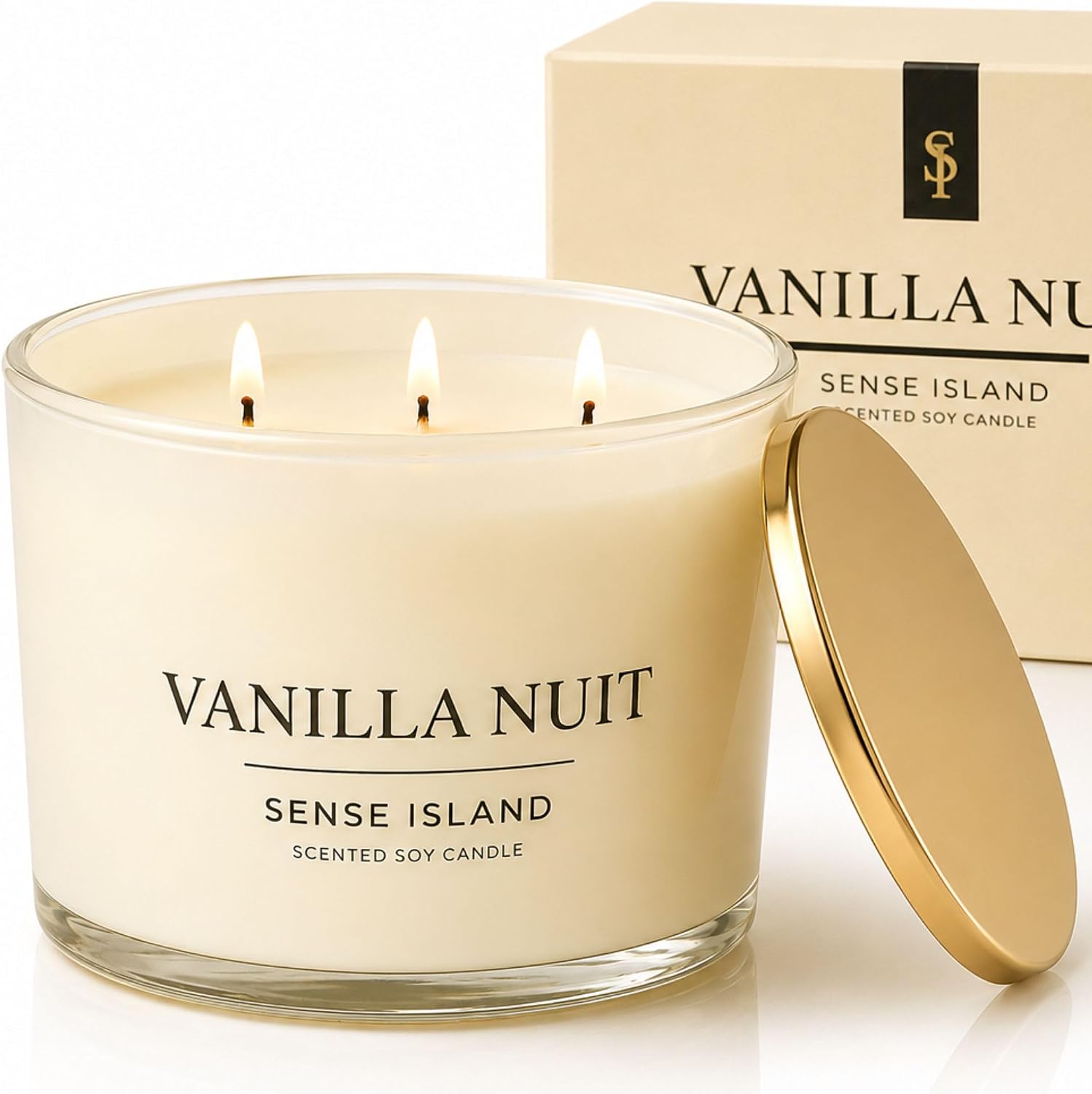 Vanilla Nuit 3 Wick Soy Candle – Large Creamy Vanilla Scented Candle for Home with Gold Lid & Beige Glass Vessal, Natural Soy Wax, Long Lasting Burn – Sensual Gourmand Fragrance, Luxury Gift for Women
