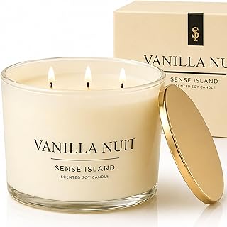 Vanilla Nuit 3 Wick Soy Candle – Large Creamy Vanilla Scented Candle for Home with Gold Lid & Beige Glass Vessal, Natural Soy Wax, Long Lasting Burn – Sensual Gourmand Fragrance, Luxury Gift for Women