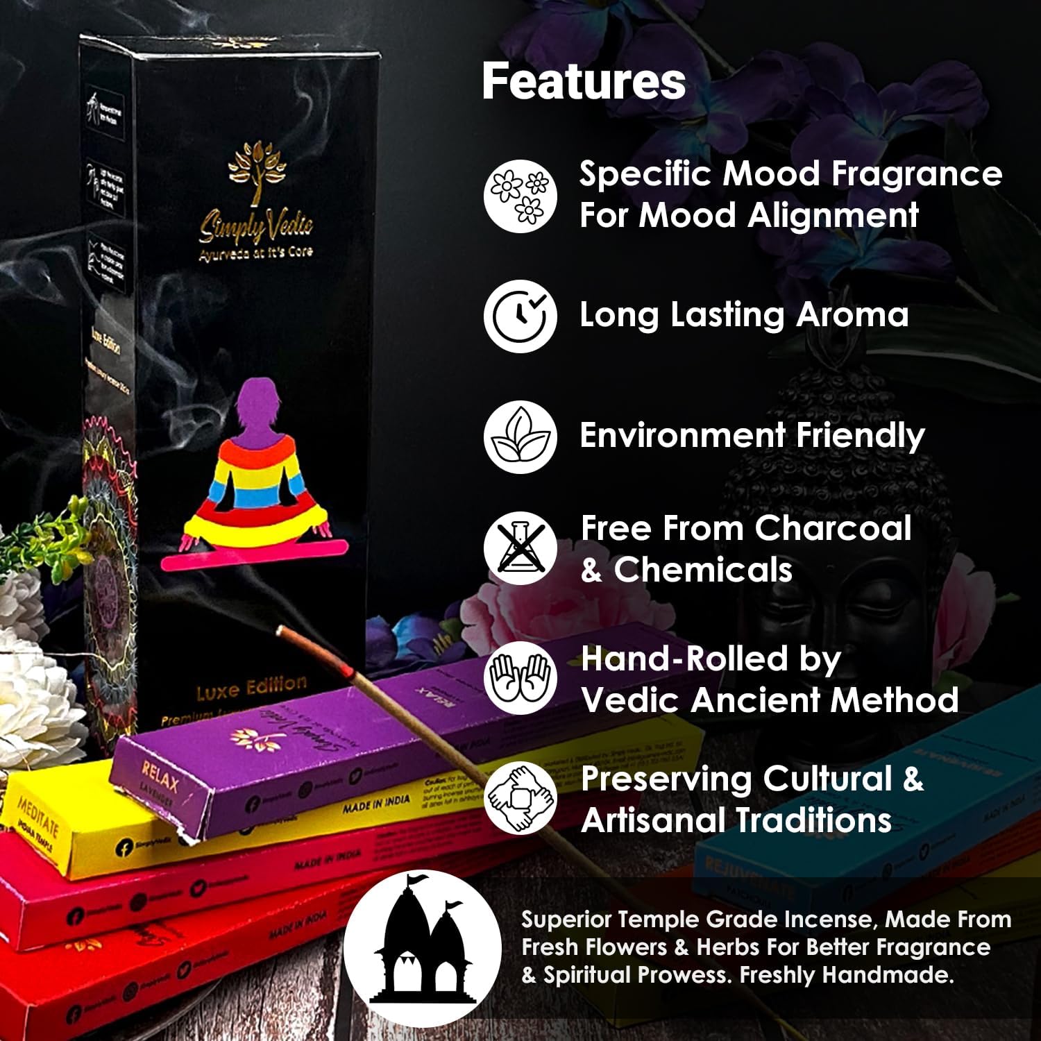 Luxe Incense Sticks Set – 175 Hand-Rolled Natural Incense with Holder | 7 Fragrances: Lavender, Sandalwood, Jasmine, Rose, Vanilla, Patchouli, Indian Temple | Aromatherapy, Meditation, Yoga, Gift