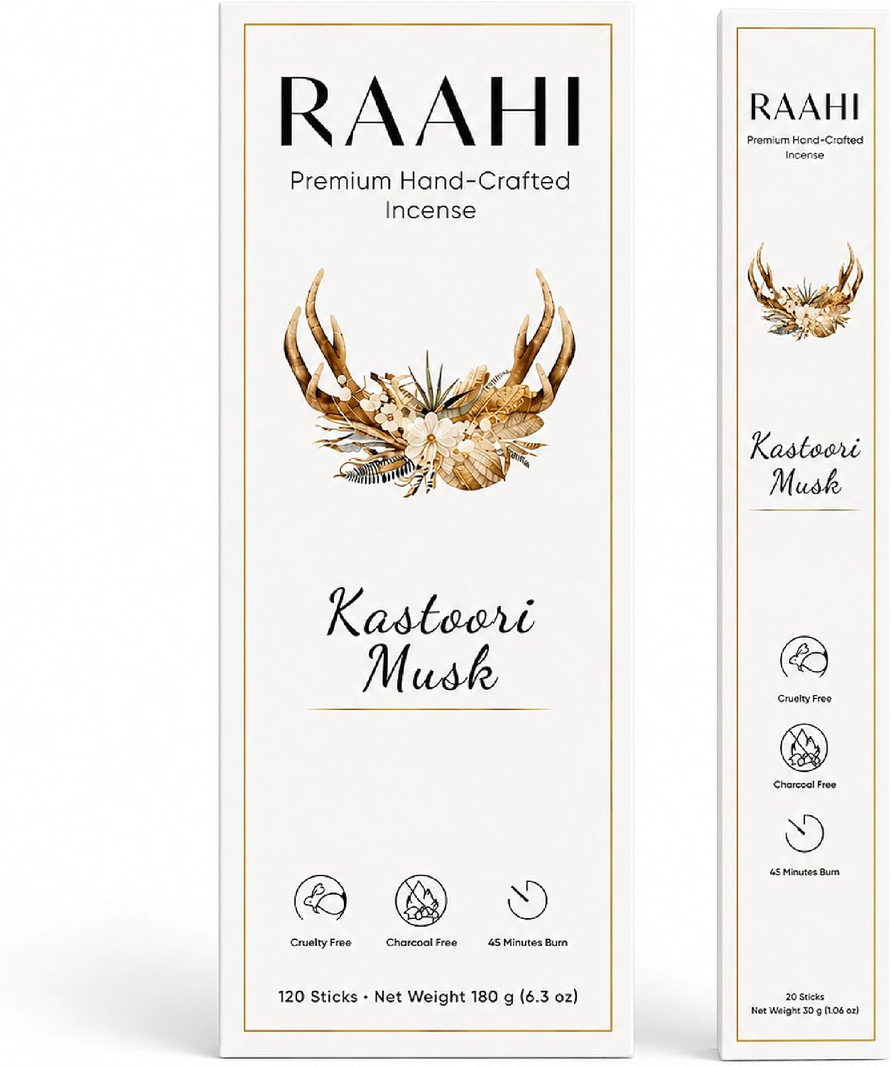 RAAHI Kastoori Musk Incense Sticks with Holder, 120 Count, Handcrafted Scented Incense for Home Fragrance, Meditation, Yoga and Room Ambiance