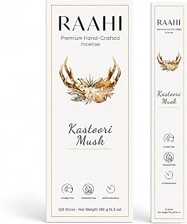 RAAHI Kastoori Musk Incense Sticks with Holder, 120 Count, Handcrafted Scented Incense for Home Fragrance, Meditation, Yoga and Room Ambiance
