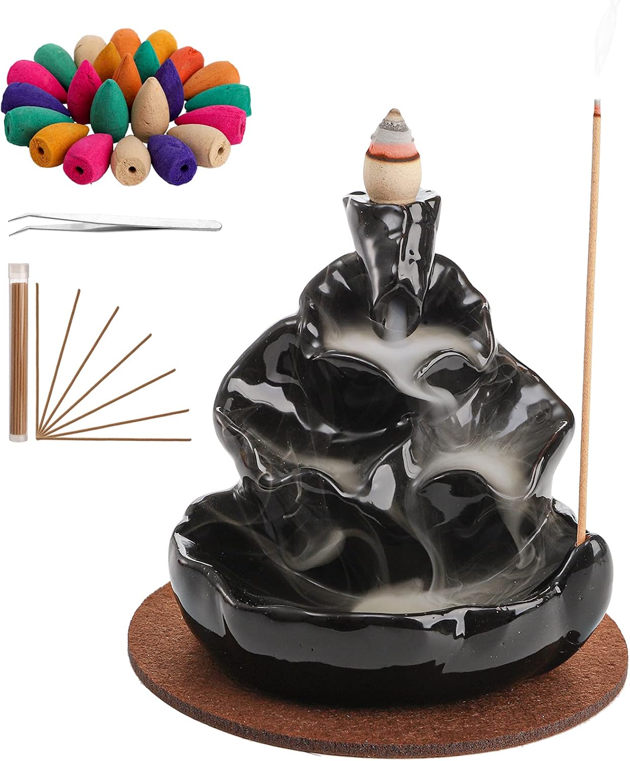 Kingrol Complete Backflow Incense Set: 1 Ceramic Cone Burner, Mat, Tweezer + 60 Sticks & 100 Backflow Cones for Zen Home Decor, Yoga, Meditation, Daily Relaxation