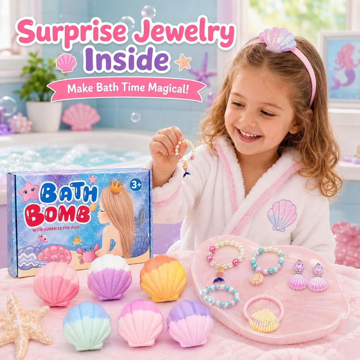 Shell Bath Bombs for Kids Girls with Surprise Inside, 6 PCS Bath Bombs Gift Set with Toys, Colorful Fizzy Bath Bomb for Girls Ages 3+, Kids Bath Bombs for Toddler Girl Christmas Birthday Gifts