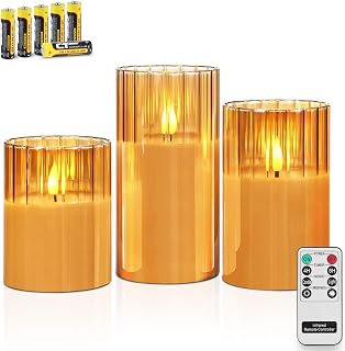 Rhytsing Gold Ribbed Glass Battery Operated LED Candles with Remote, Flameless Candle Gift Set with Timer, Warm White Light- Include 6 Batteries - Set of 3