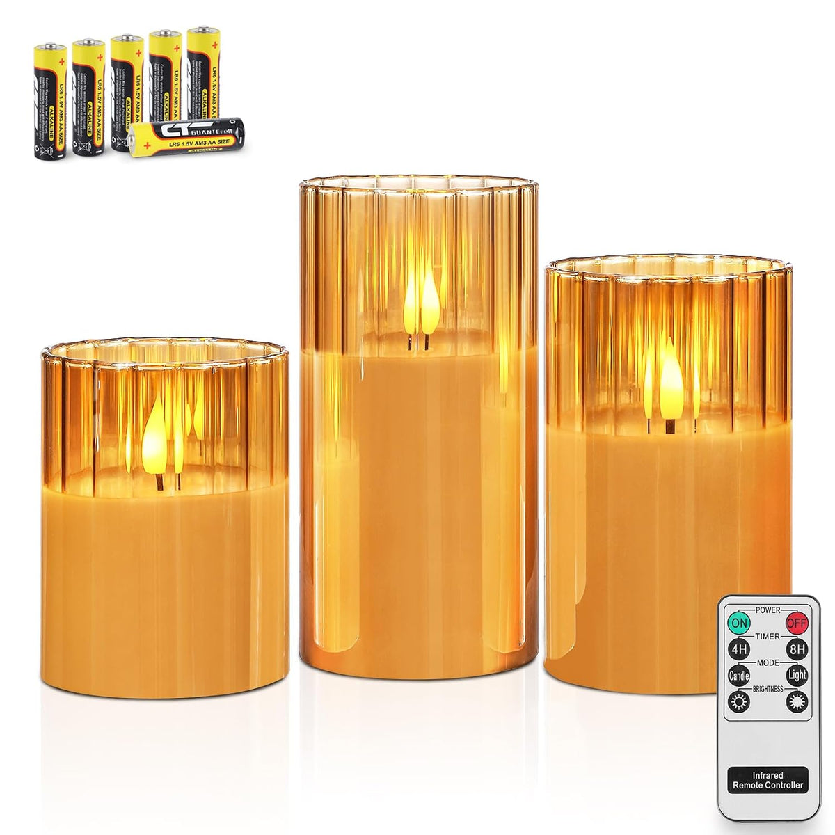 Rhytsing Gold Ribbed Glass Battery Operated LED Candles with Remote