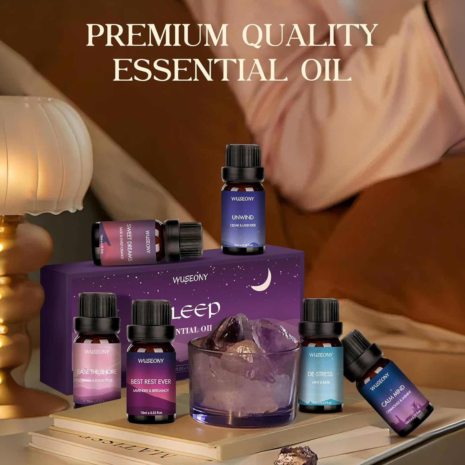 WUSEONY Sleep Essential Oils Set for Diffusers for Home, Set of 6 Essential Oil Blend Aromatherapy - Eucalyptus, Jasmine, Orange, Lavender, Cedar, Mint