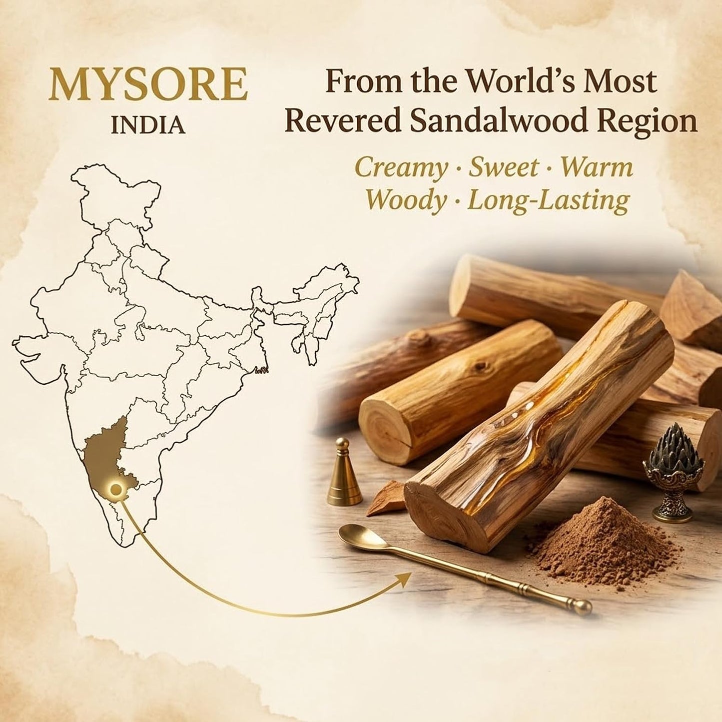 Mysore Sandalwood Powder 100g - 5A Grade Natural Incense Powder for DIY Incense Sticks, Cone Making, Seal Molding, Aromatherapy - Includes 3-Piece Cone Mold Set (Incense Burner, Mold, Spoon)