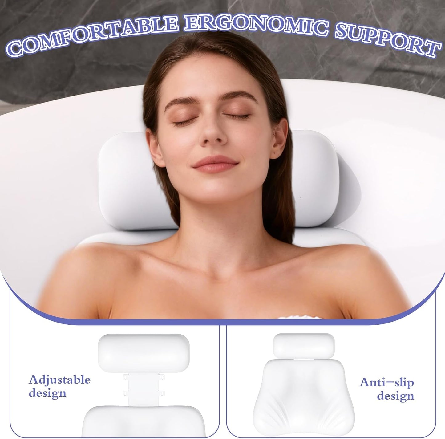 Silicone Bath Pillow, Upgraded Bath Pillows for Tub, Adjustable Height Bathtub Pillow for Head and Neck, 4D Luxury Tub Pillow Skin-Friendly Large Suction Cups Stability, Spa Relaxation-White