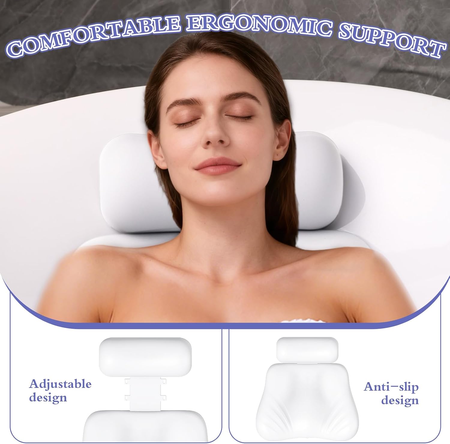 Silicone Bath Pillow, Upgraded Bath Pillows for Tub, Adjustable Height Bathtub Pillow for Head and Neck, 4D Luxury Tub Pillow Skin-Friendly Large Suction Cups Stability, Spa Relaxation-White