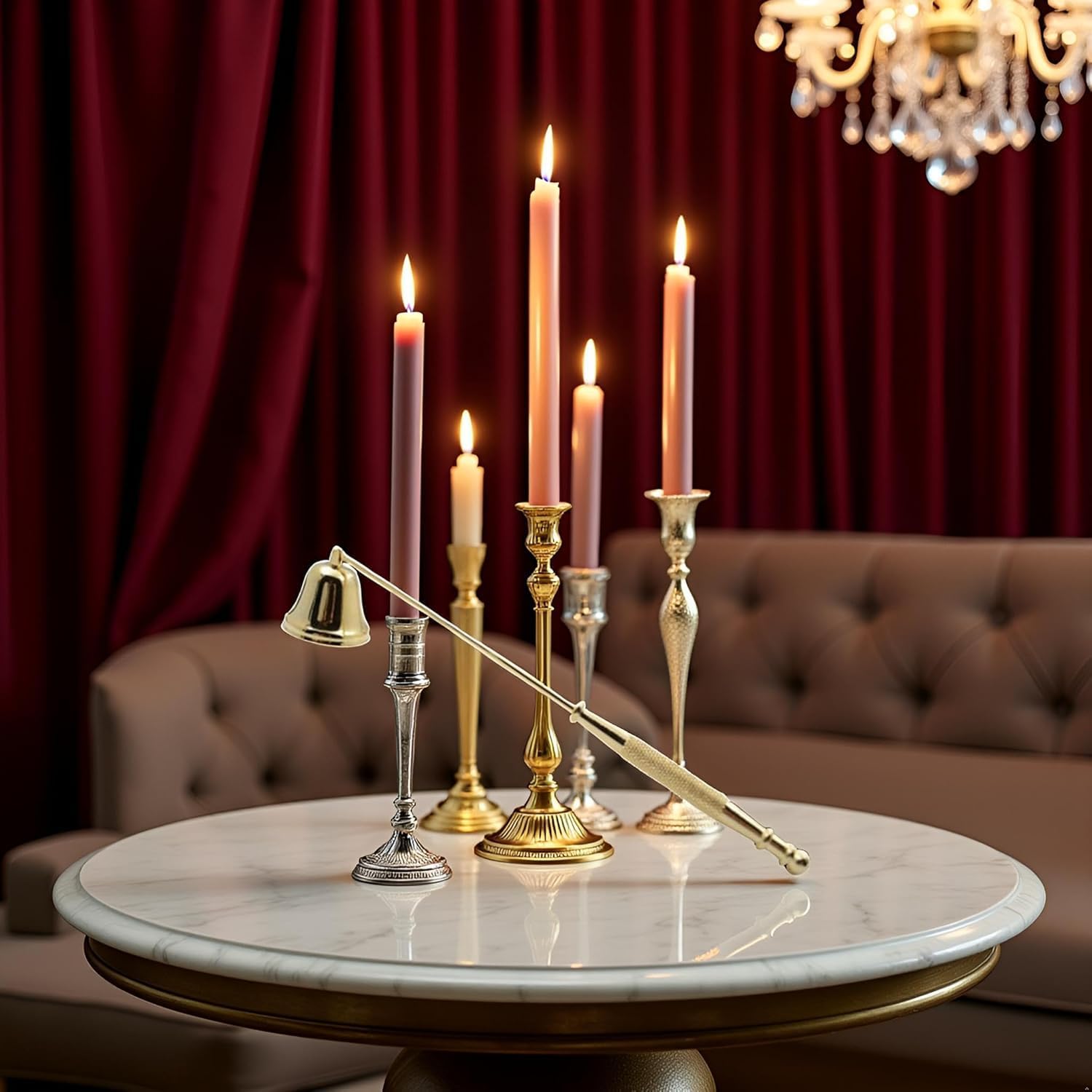 Gold Metal Candle Snuffer Wick Snuffer with Long Handle Candlesnuffers Smokeless Kit Candle Safely Extinguish Candles and Holders Candle Sleeves Accessories
