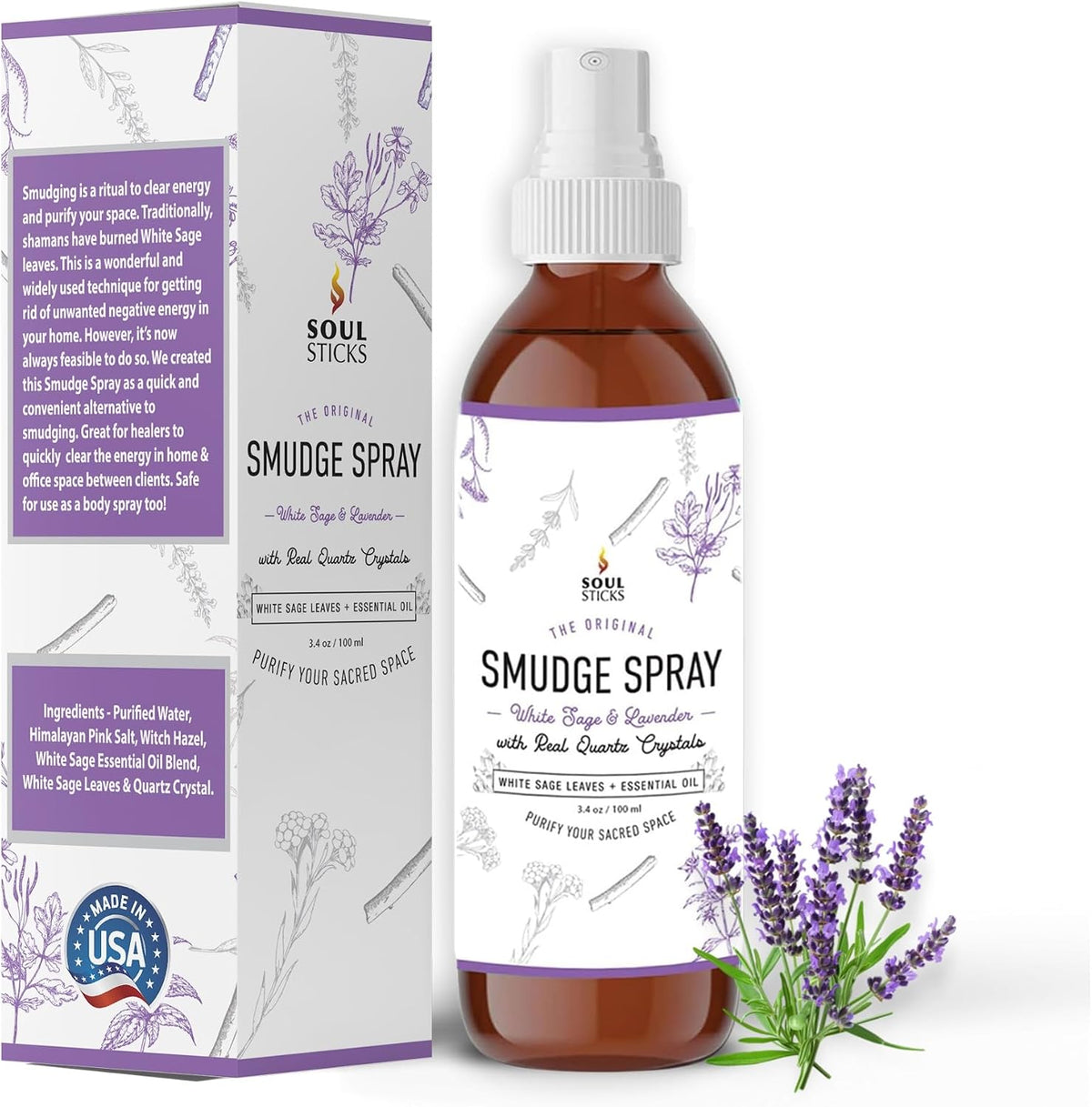 SOUL STICKS White Sage &amp; Lavender Smudge Spray – 3.5oz Smokeless Mist with Quartz Crystals – Calming Essential Oil Spray for Sleep, Stress Relief, Meditation, and Energy Cleansing