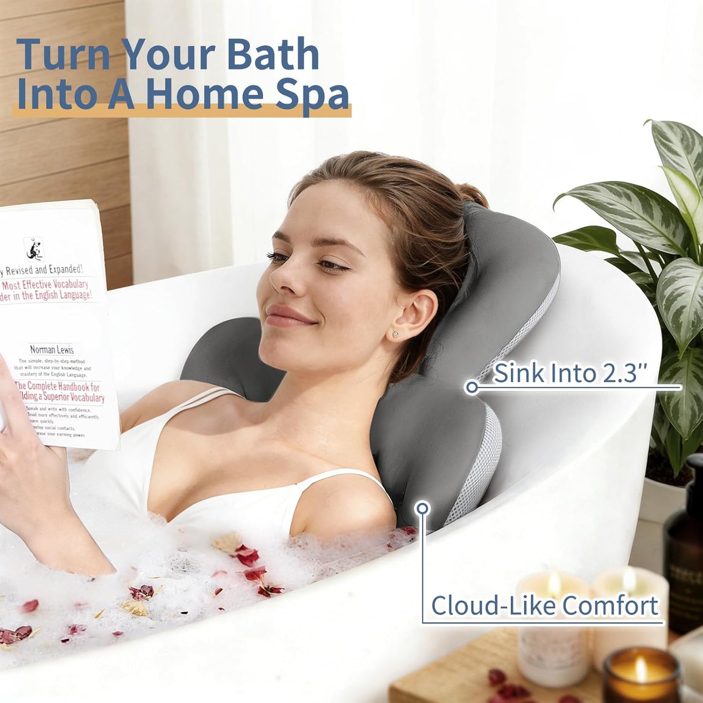 Bath Cushion, Full Body Bathtub Pillow with 160 Suction Cups, Bath Mat for Head and Neck Support, with Laundry Bag (Dark Gray, 51" x 16")