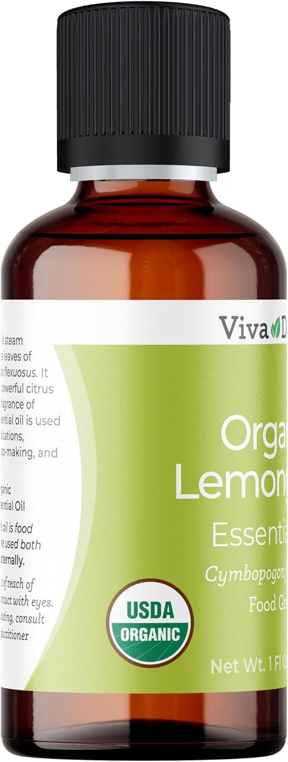 Viva Doria Lemongrass Essential Oil, USDA Certified, Organic Lemongrass Oil, 100% Pure, Natural Essential Oil, Undiluted, for Aromatherapy | Food Grade, 30 mL (1 Fluid Ounce)