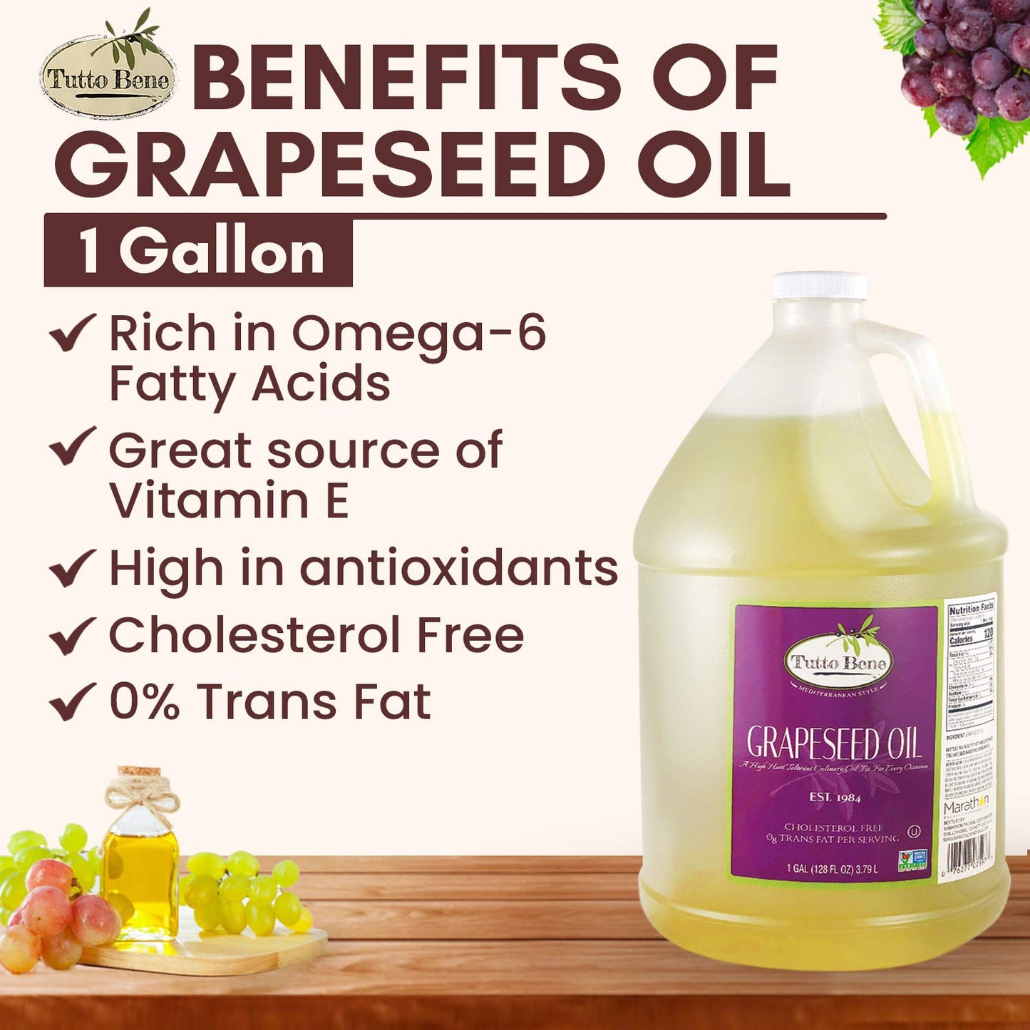 Tutto Bene Premium Quality Grapeseed Oil - 1 Gallon (128 ounces), for Cooking With 0% Trans Fat for Healthy Living - Cholesterol Free - High in Antioxidants and Vitamin E