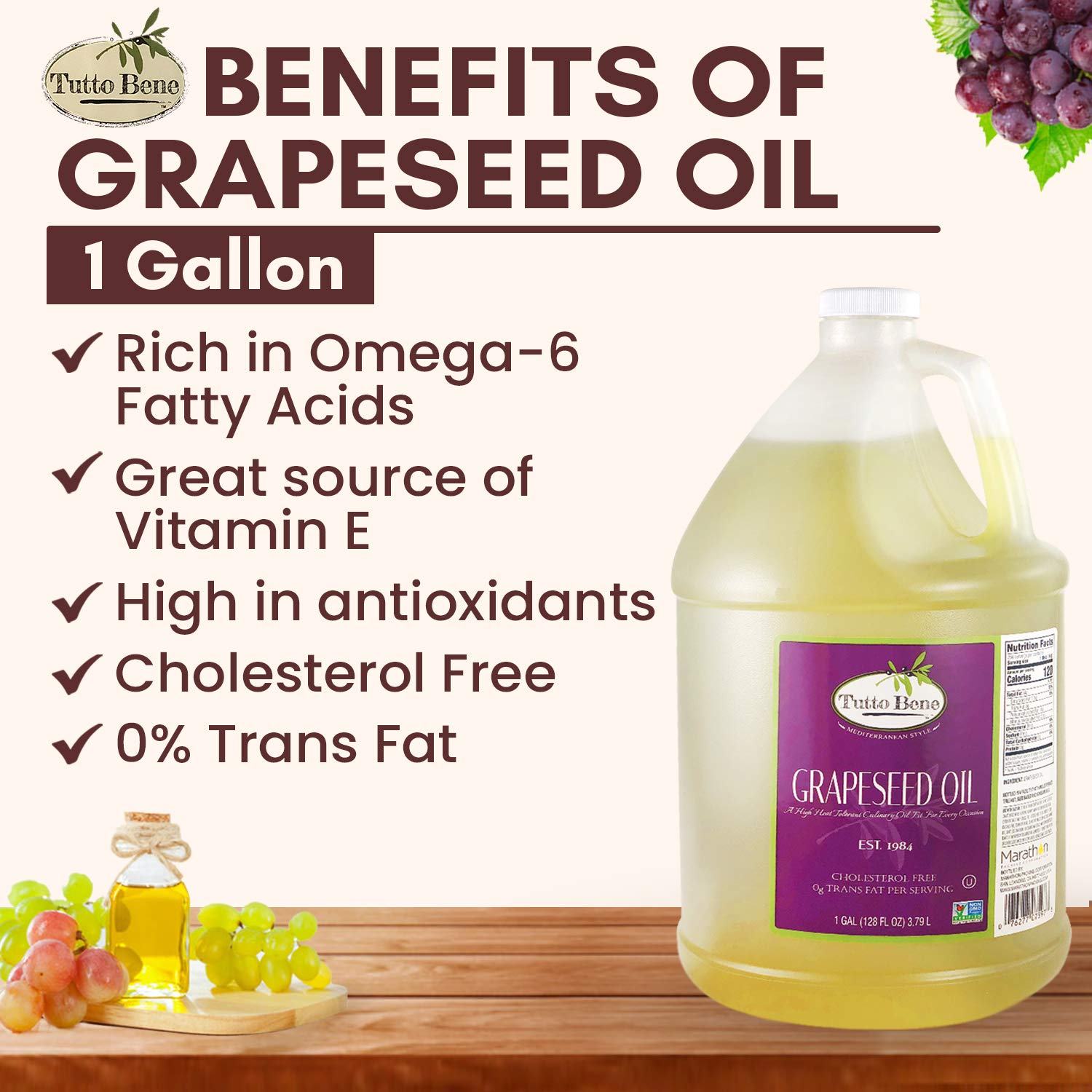Tutto Bene Premium Quality Grapeseed Oil - 1 Gallon (128 ounces), for Cooking With 0% Trans Fat for Healthy Living - Cholesterol Free - High in Antioxidants and Vitamin E