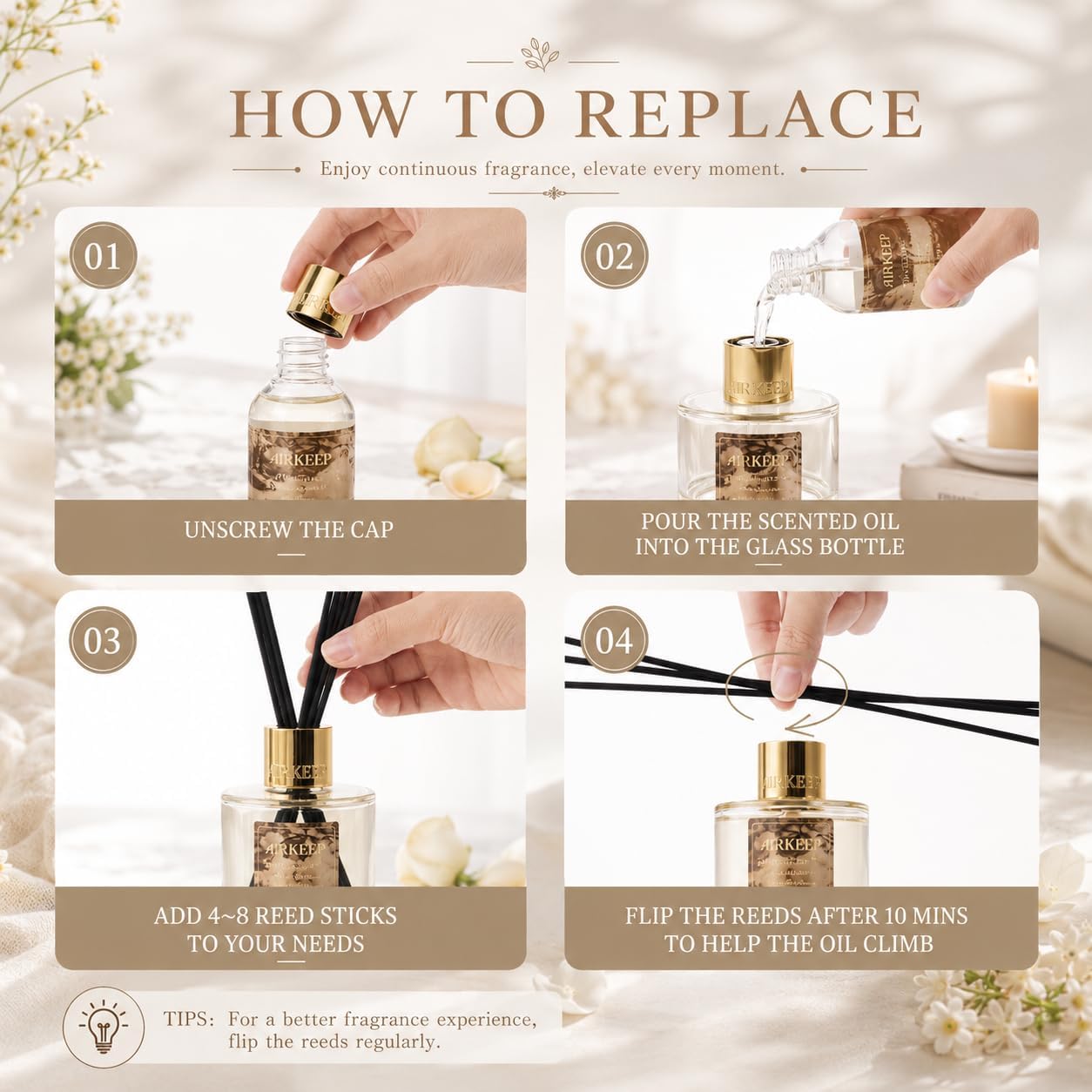 Airkeep Reed Diffuser Set with Refill & 8 Reed Sticks, 6.96 fl oz Ocean Air Home Fragrance, Long Lasting Aromatherapy Diffuser for Bedroom, Bathroom & Living Room