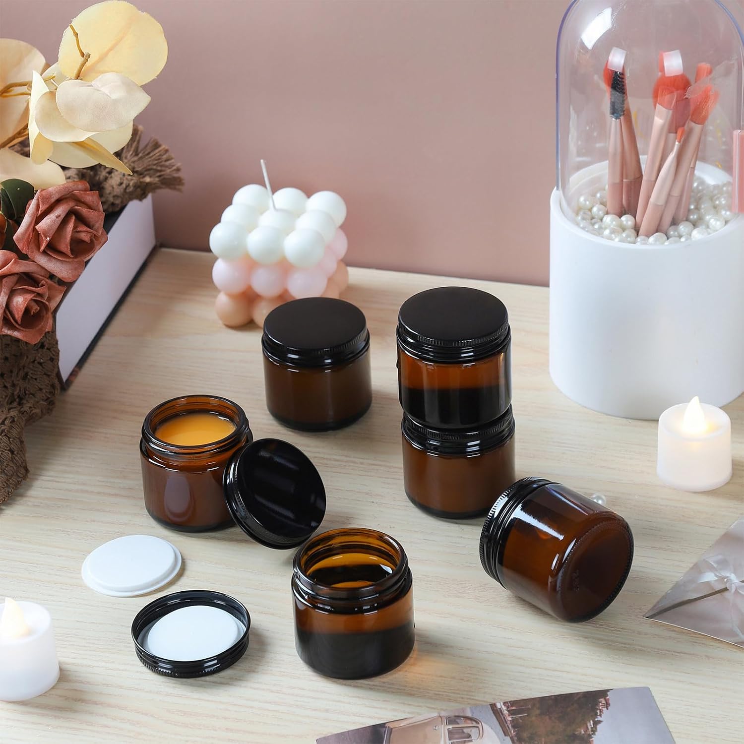 2oz Empty Amber Glass Jars with Lids 24 Pack Cosmetic Containers with Lids for Travel Lotion Cream Candle