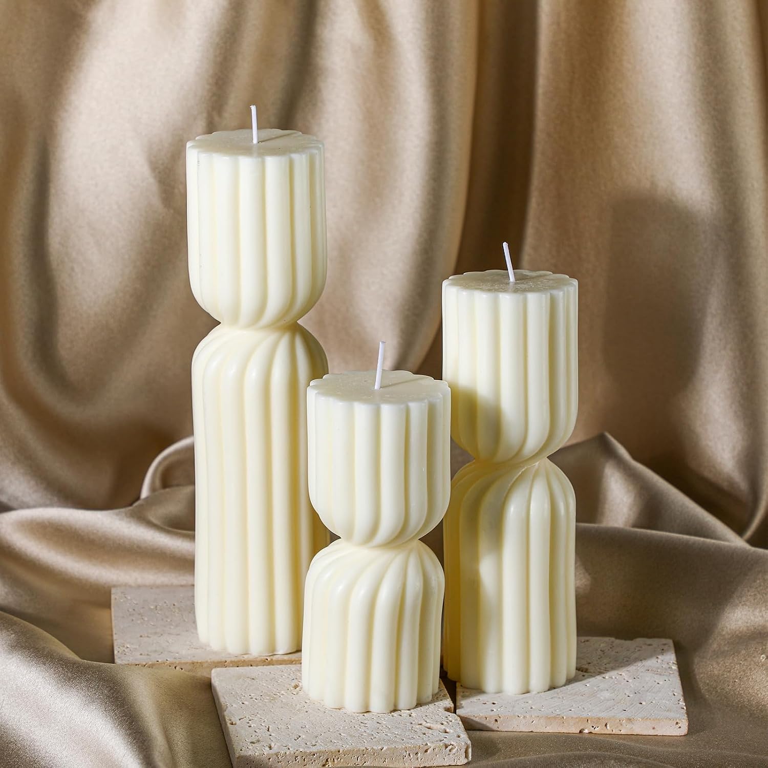 Conelist Ribbed Pillar Candles Set of 3 Width 2.4" High 5.5" 7" 9" Handmade Scented Soy Wax Candle Natural Aesthetic Candles Housewarming Gift Decorative Candles for Home Decor(White)
