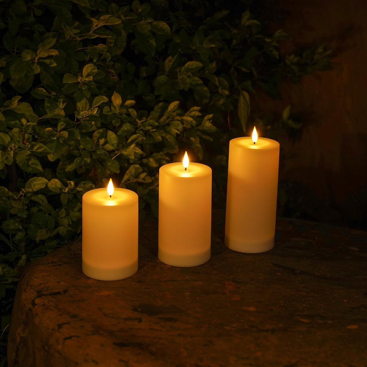 VIODAIM Solar Candles Outdoor Waterproof: Flameless Flickering Pillar LED Candles Set of 3 Dusk to Dawn Rechargeable Sensor Lights 3x4/5/6 Inch White