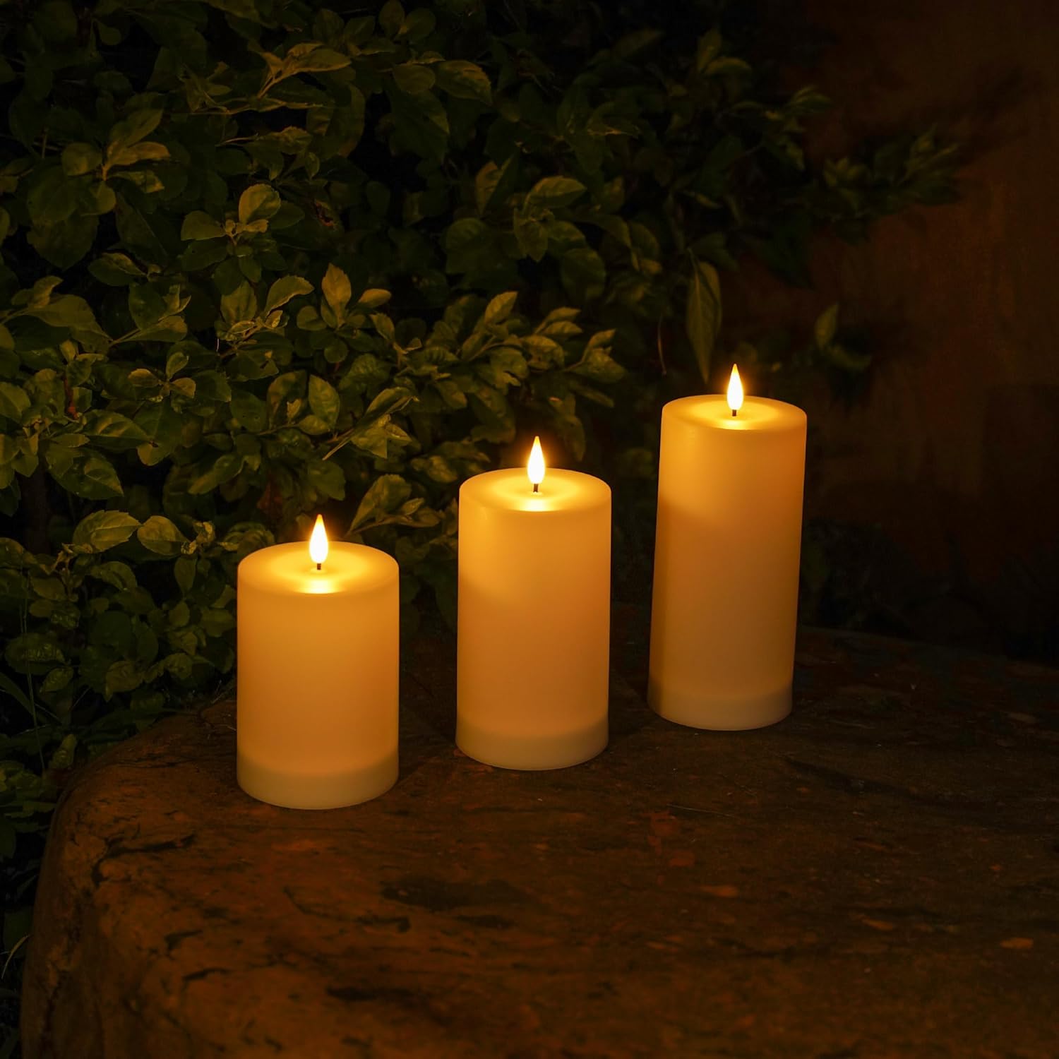 VIODAIM Solar Candles Outdoor Waterproof: Flameless Flickering Pillar LED Candles Set of 3 Dusk to Dawn Rechargeable Sensor Lights 3x4/5/6 Inch White