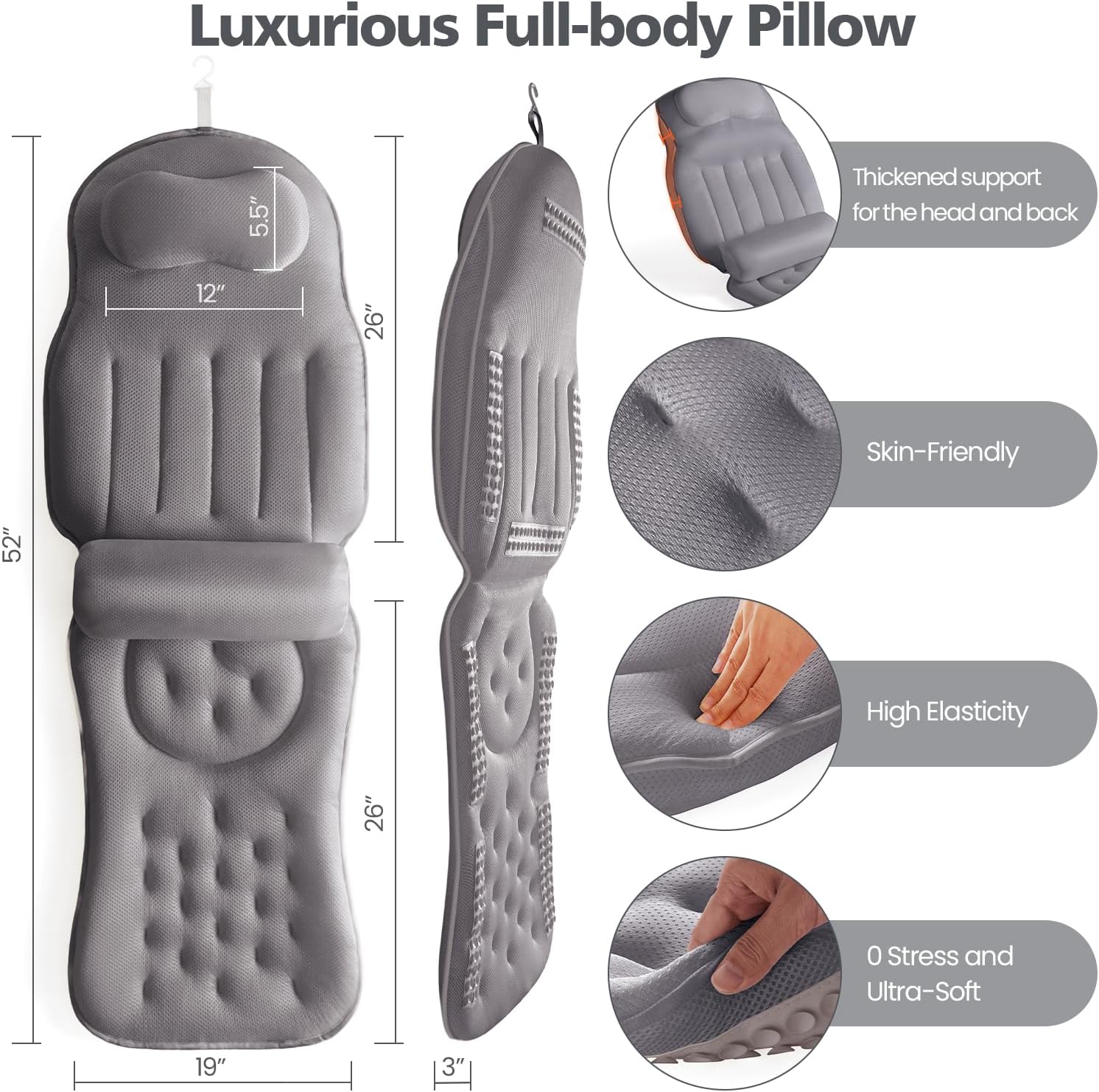 Full Body Bath Pillow for Bathtub,Thick Bathtub Cushion Soft 5D Mesh Spa Cushion,Luxury Tub Pillow with Laundry Bag for Headrest Neck and Back Support,Gift for Soaking (Gray)