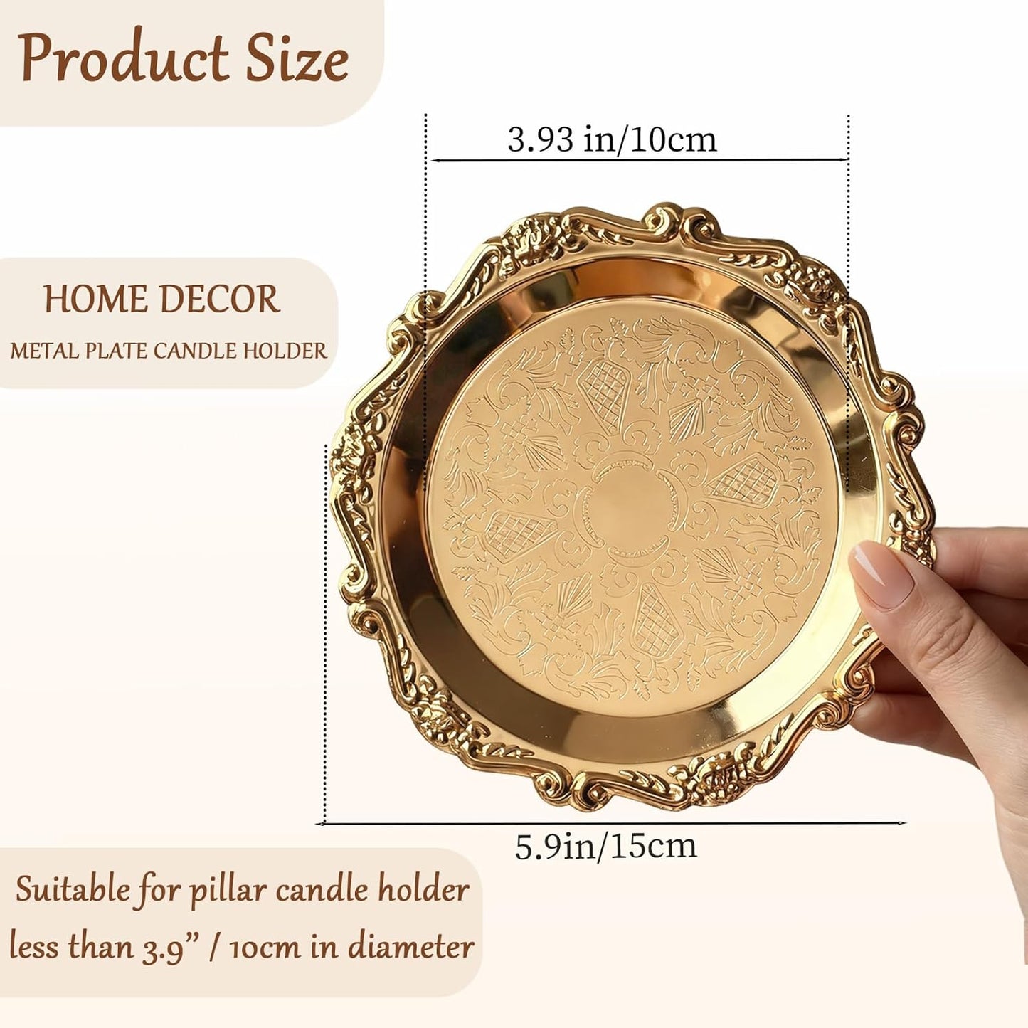 Pillar Candle Holder Set of 2 Jewelry Dish Ring Holder Candle Stand Decorative Metal Plate Vanity Tray for Weding Home Decor (Gold)