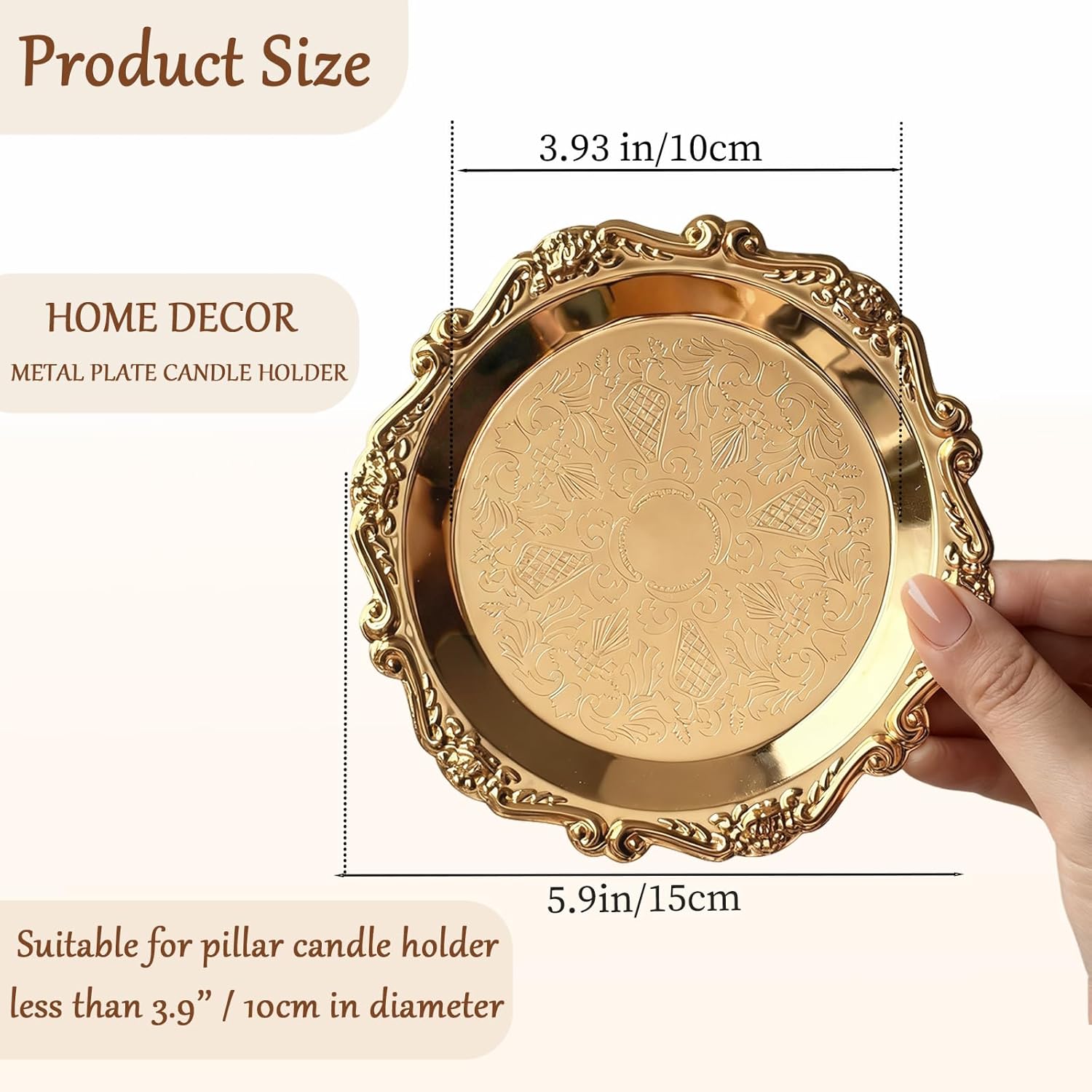 Pillar Candle Holder Set of 2 Jewelry Dish Ring Holder Candle Stand Decorative Metal Plate Vanity Tray for Weding Home Decor (Gold)