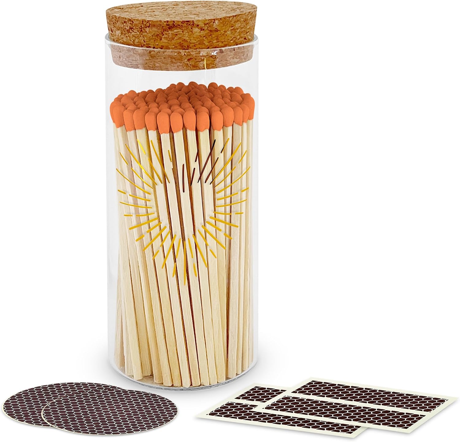 Decorative Matches in a Gold Heart Foil Glass Jar | 4" Orange Long Matches (100 match sticks) + Cork Top Glass Holder + Striker Stickers | Gifts, Décor, & Candle Accessories by Thankful Greetings USA