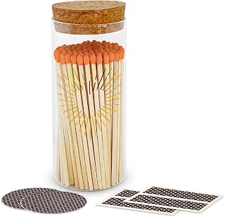 Decorative Matches in a Gold Heart Foil Glass Jar | 4" Orange Long Matches (100 match sticks) + Cork Top Glass Holder + Striker Stickers | Gifts, Décor, & Candle Accessories by Thankful Greetings USA