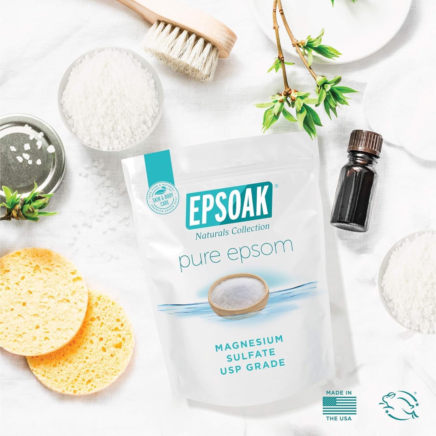 Epsoak Epsom Salt 5 lb. Magnesium Sulfate USP. Resealable Epsom Salt Bag Unscented, Made in The USA, Cruelty-Free Certified