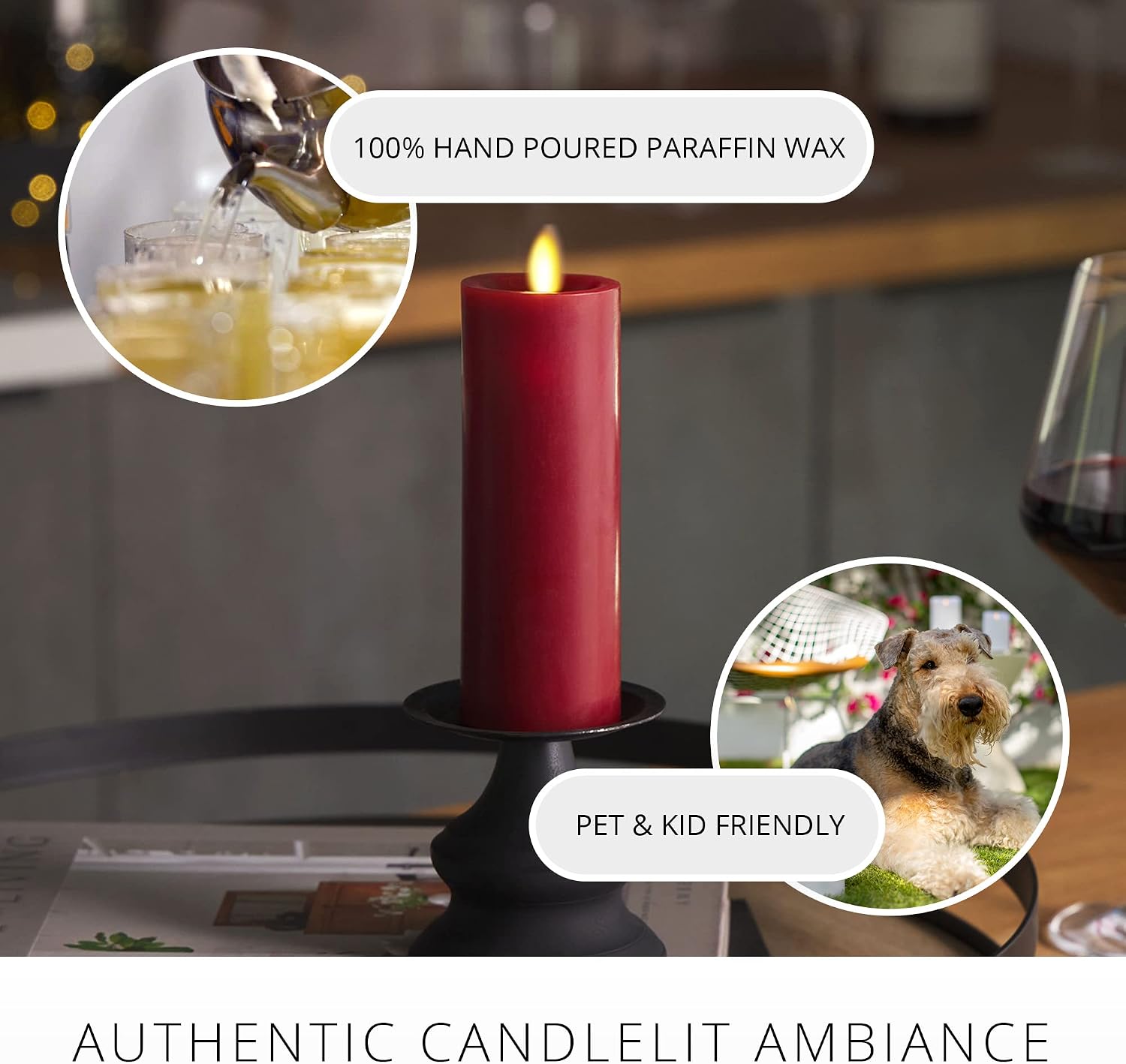 Luminara Classic Slim Flameless LED Candle, Burgundy 2" x 6.1", Battery Operated Moving Flame Pillar w/Timer, Safe Realistic Wax Candle, Home Decor