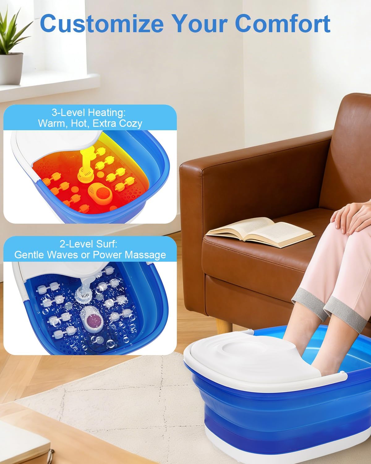 Collapsible Foot Spa Bath with Heat, Remote Control & 16 Massage Rollers, Fast Heating Pedicure Tub for Relaxing Tired Feet, Foot Soaker with Surf & Red Light, Fits Men Size 12 (Royal Blue)