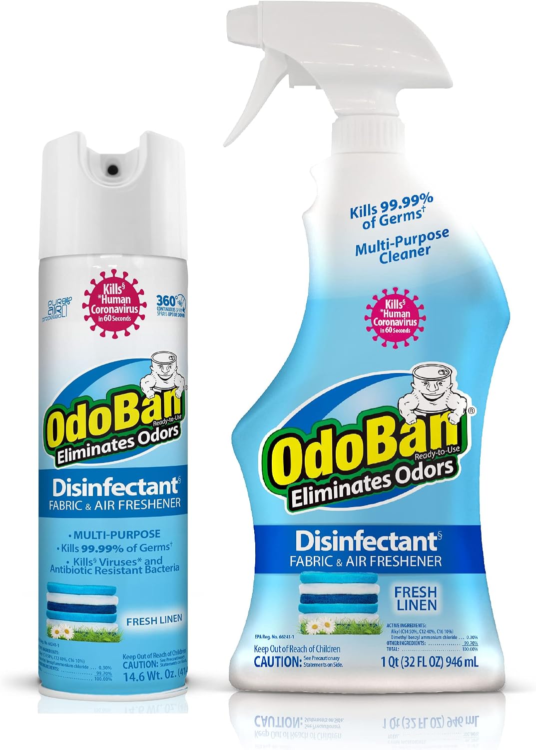 OdoBan Ready-to-Use Disinfectant and Harsh Aroma Eliminator, Cleaner and Fabric/Air Freshener, Set of 2, 14.6 Ounce 360-Degree Continuous Spray and 32 Ounce Trigger Spray, Fresh Linen Scent