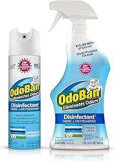 OdoBan Ready-to-Use Disinfectant and Harsh Aroma Eliminator, Cleaner and Fabric/Air Freshener, Set of 2, 14.6 Ounce 360-Degree Continuous Spray and 32 Ounce Trigger Spray, Fresh Linen Scent