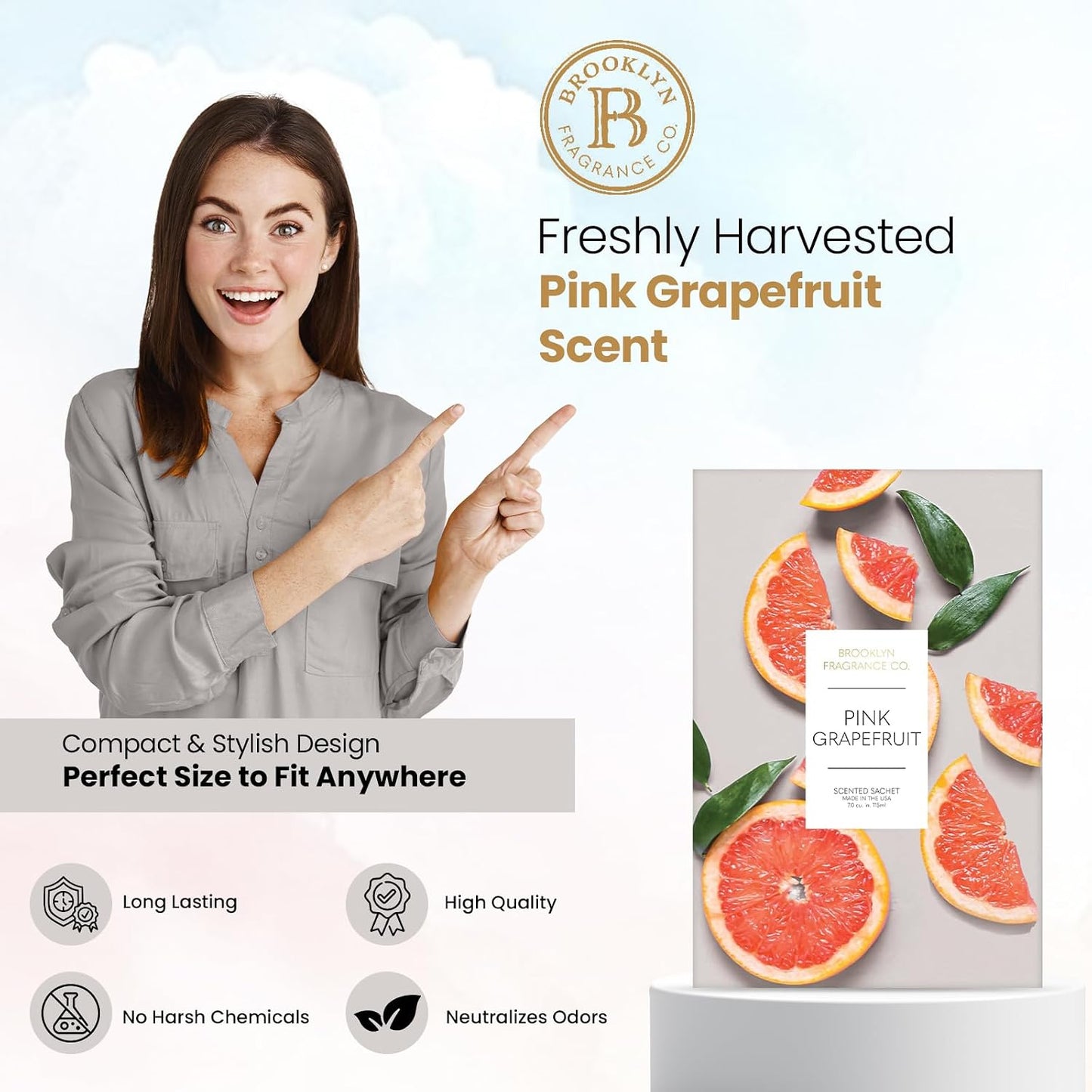 Brooklyn Fragrance Co. Fruits Sachet Bags – Pink Grapefruit Scented Pouches – Perfect Aroma for Drawers, Closets, Cars and Bathrooms – Long-Lasting Fresh Scent Sachets (6- Pack)